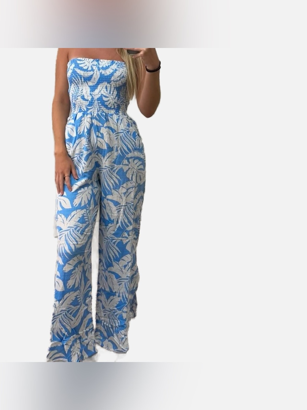 Ocean Drive Strapless Blue & White Tropical Romper